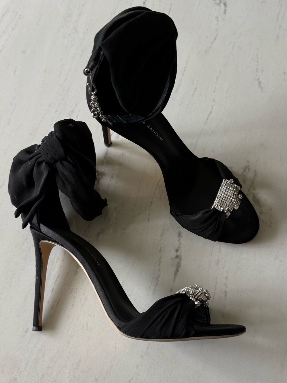 Giuseppe Zanotti Black Satin Bow & Crystal Stiletto Sandals